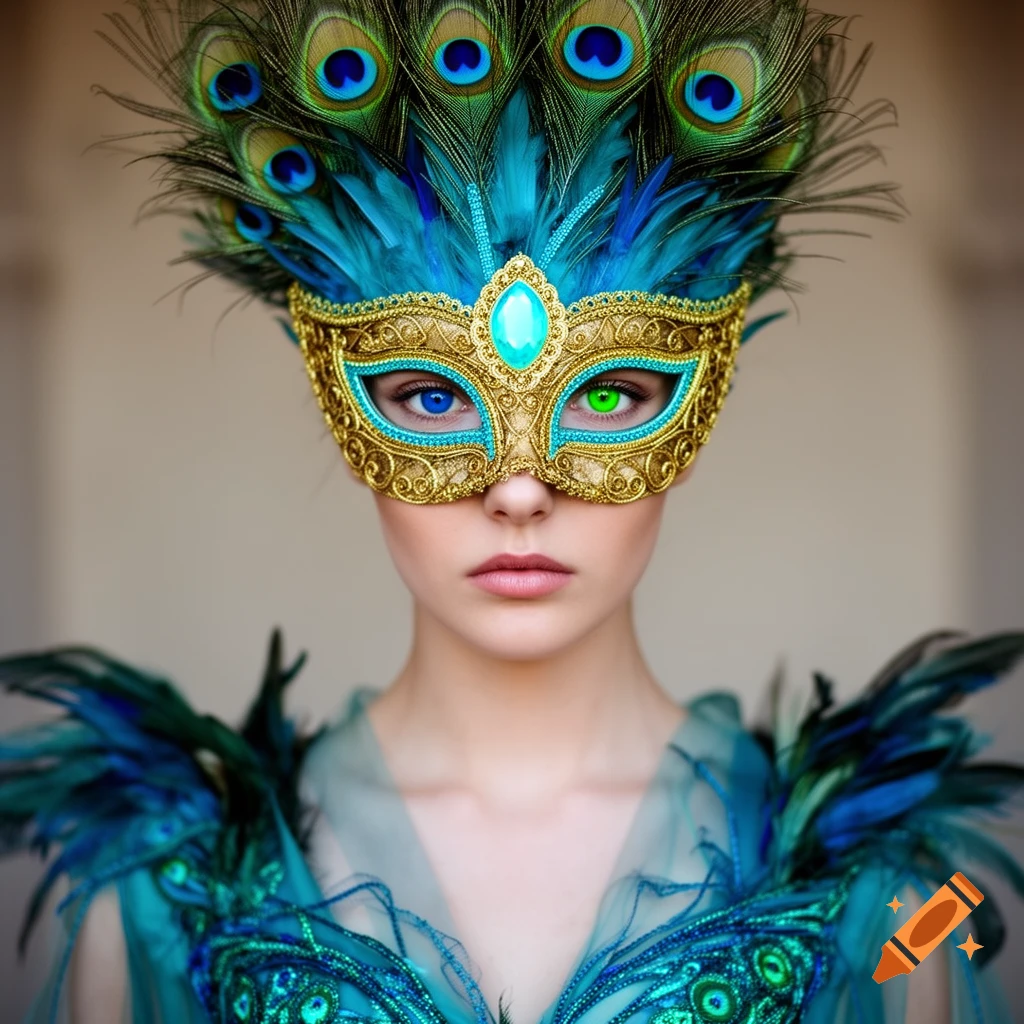 A woman wearing an ornate golden and turquoise peacock mask with one blue and one green eye, against a neutral background.