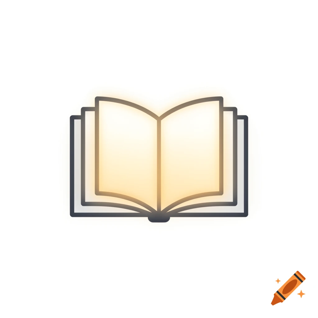 A simple vector icon of an open book with glowing pages on a white background, in a flat, minimalist UI style.