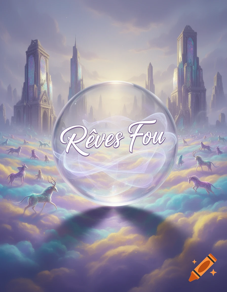 A dreamlike fantasy landscape with ornate crystalline buildings, mystical deer-like creatures on colorful clouds, and a large bubble with 'Rêves Fou' text.