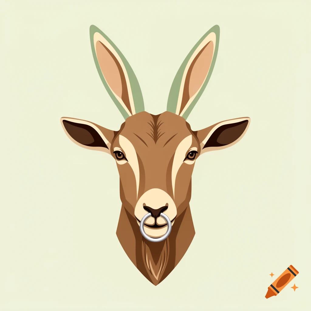 A stylized vector illustration of a brown goat's head with long green bunny ears and a silver nose ring, looking directly forward on a light background.