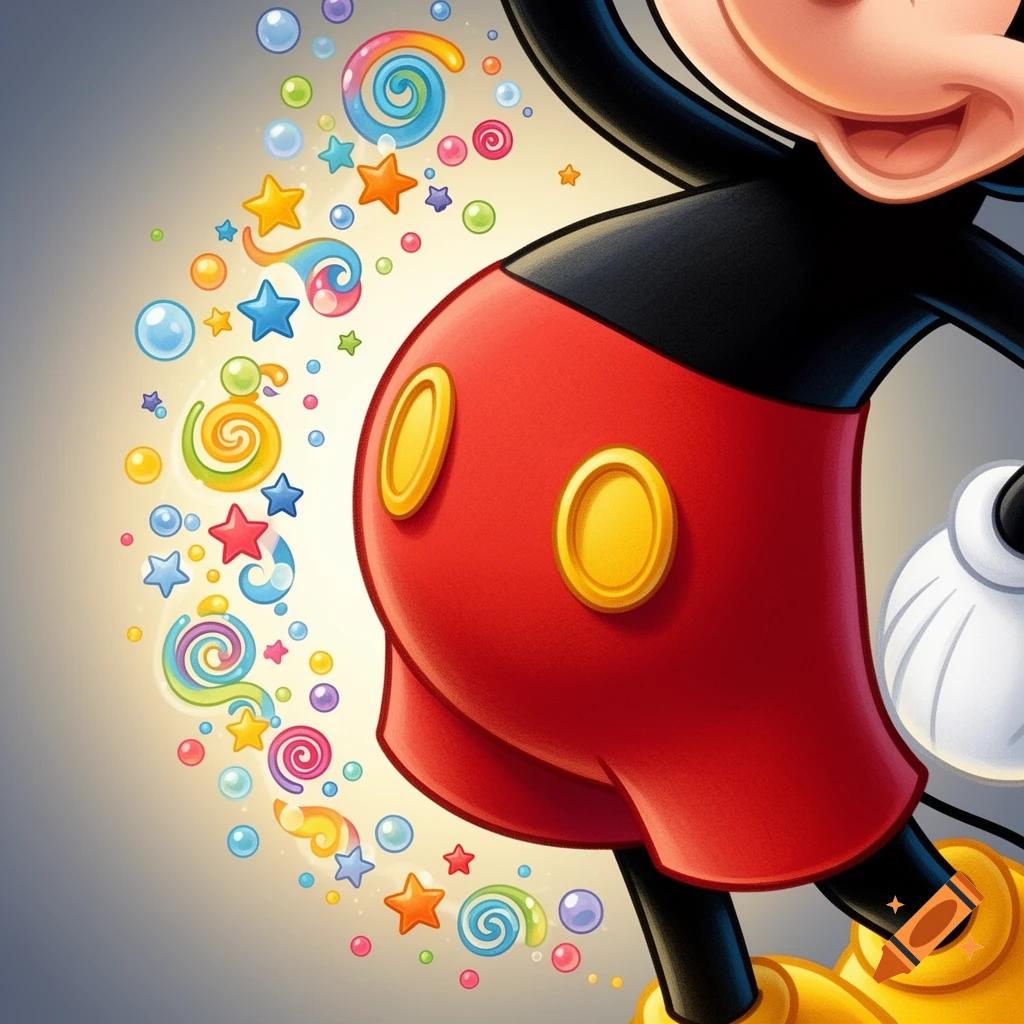 A cartoon closeup of Mickey Mouse's red shorts, yellow buttons, black torso, and a white glove, surrounded by colorful stars, swirls, and bubbles.