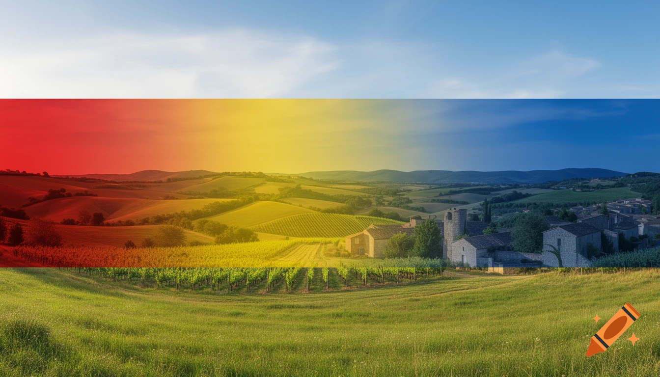 Panoramic landscape with green hills, vineyards, a village, and a horizontal red, yellow, and blue color overlay across the sky and upper landscape.