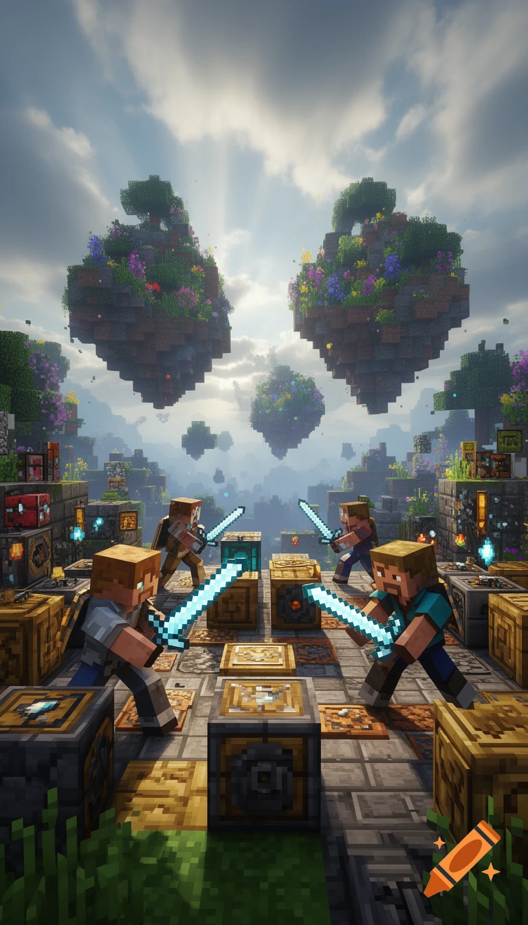 Minecraft characters battle with glowing swords on a detailed blocky platform, surrounded by floating islands and vibrant flora.