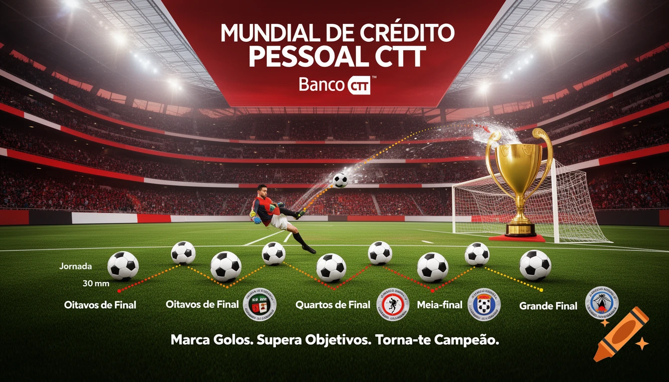 A vibrant digital illustration of a football stadium with a goalkeeper kicking a ball. A golden trophy stands in the goal, and a path of soccer balls across the field is labeled with Portuguese text related to game stages and a bank campaign.