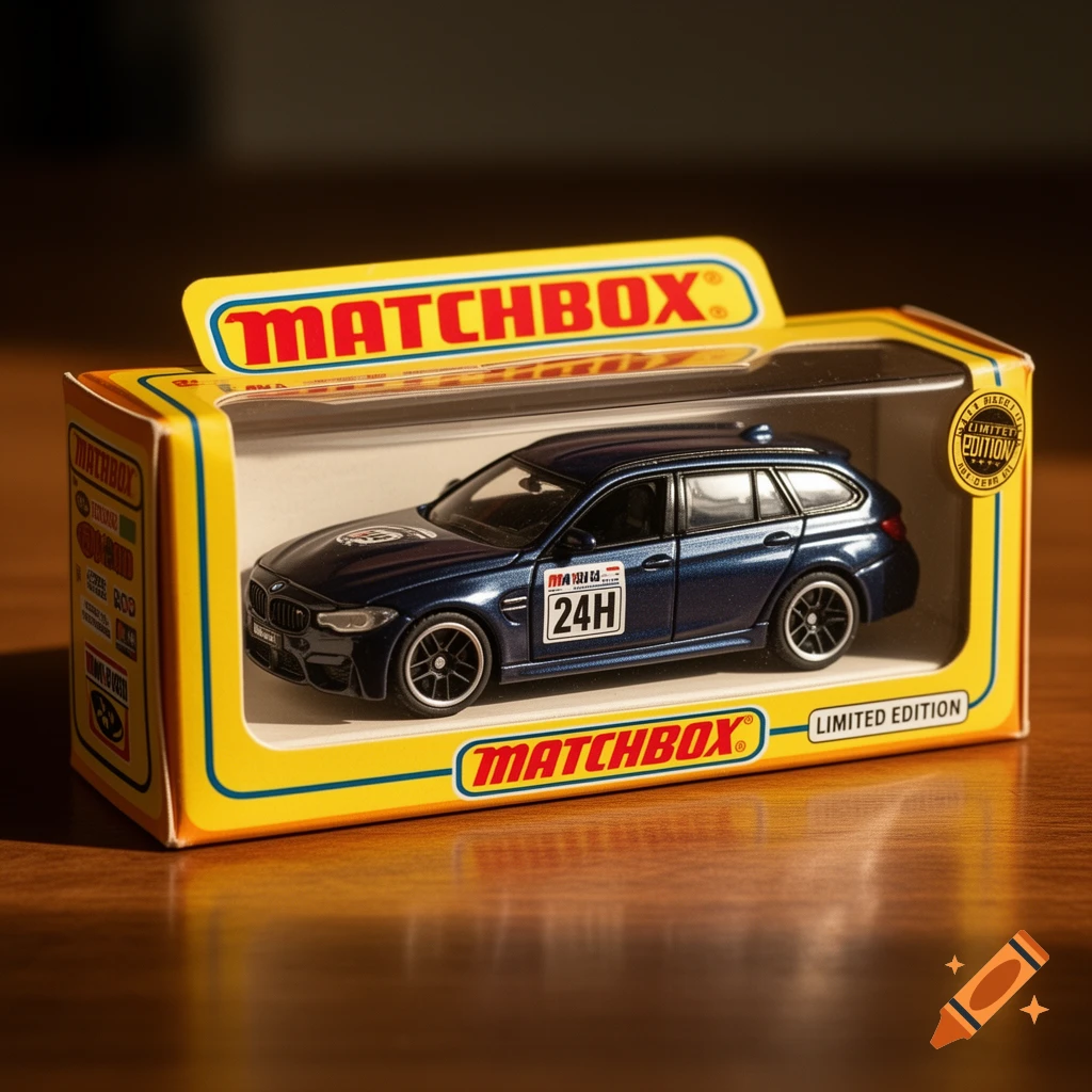 A dark blue Matchbox BMW M3 Touring 24H toy car in its yellow and red packaging on a wooden surface. Photorealistic.