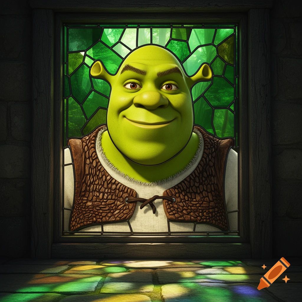 Shrek's smiling face is rendered as a vibrant green stained glass window, casting colorful light patterns on the stone floor.