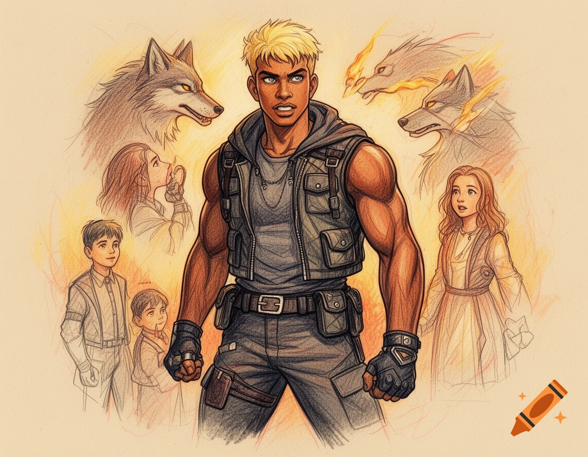 Color sketch of a muscular man with blonde hair and dark skin, surrounded by wolves, a woman, and two boys.