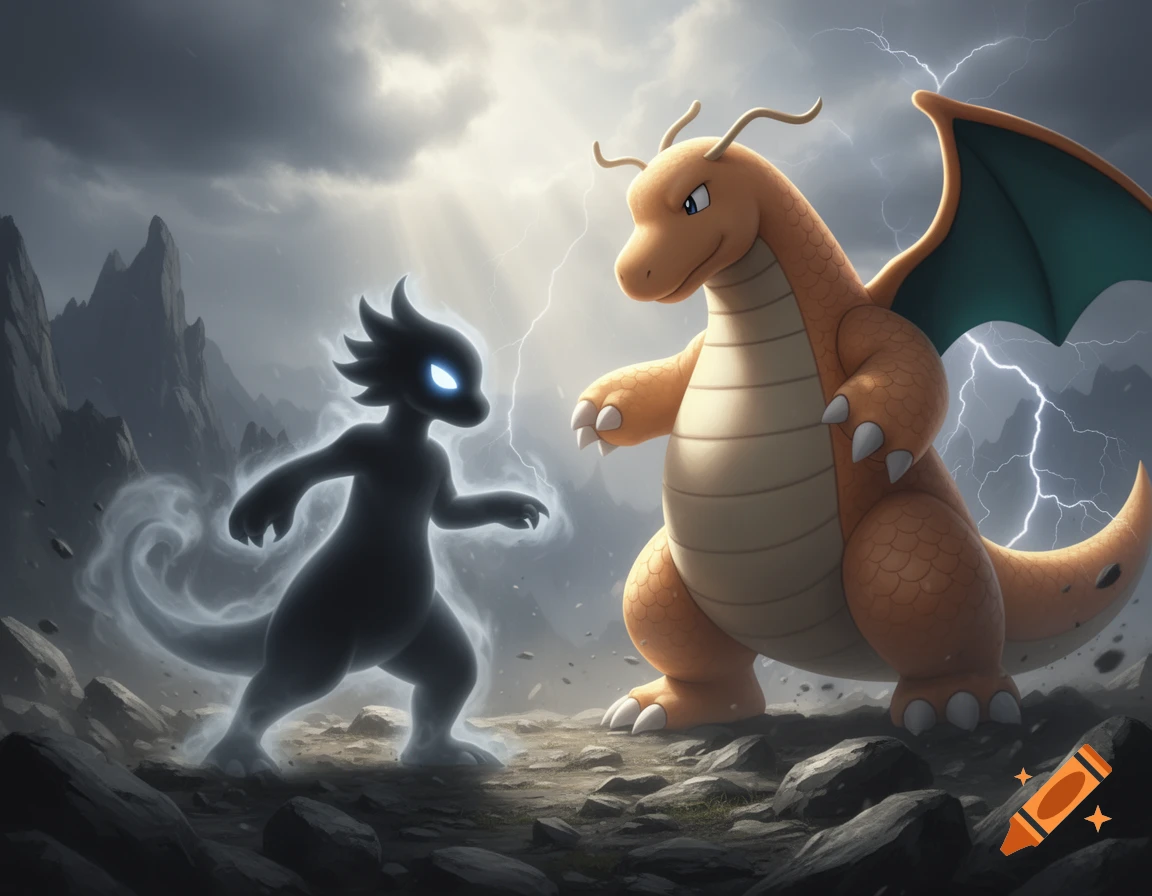 Dragonite faces a shadowy creature with glowing eyes in a stormy, rocky landscape with lightning strikes.