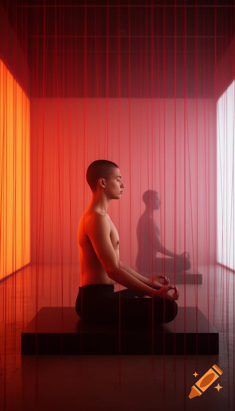 A shirtless person with short hair meditates in a red-orange room with vertical red threads, creating a surreal, photorealistic atmosphere.