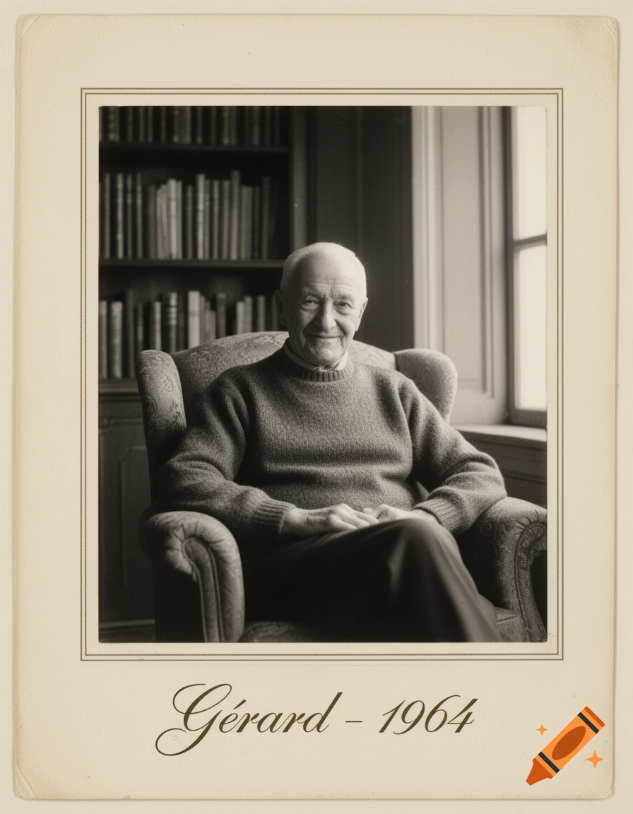Black and white portrait of an elderly man smiling while sitting in an armchair, with a bookshelf and window in the background, in a vintage photographic style.