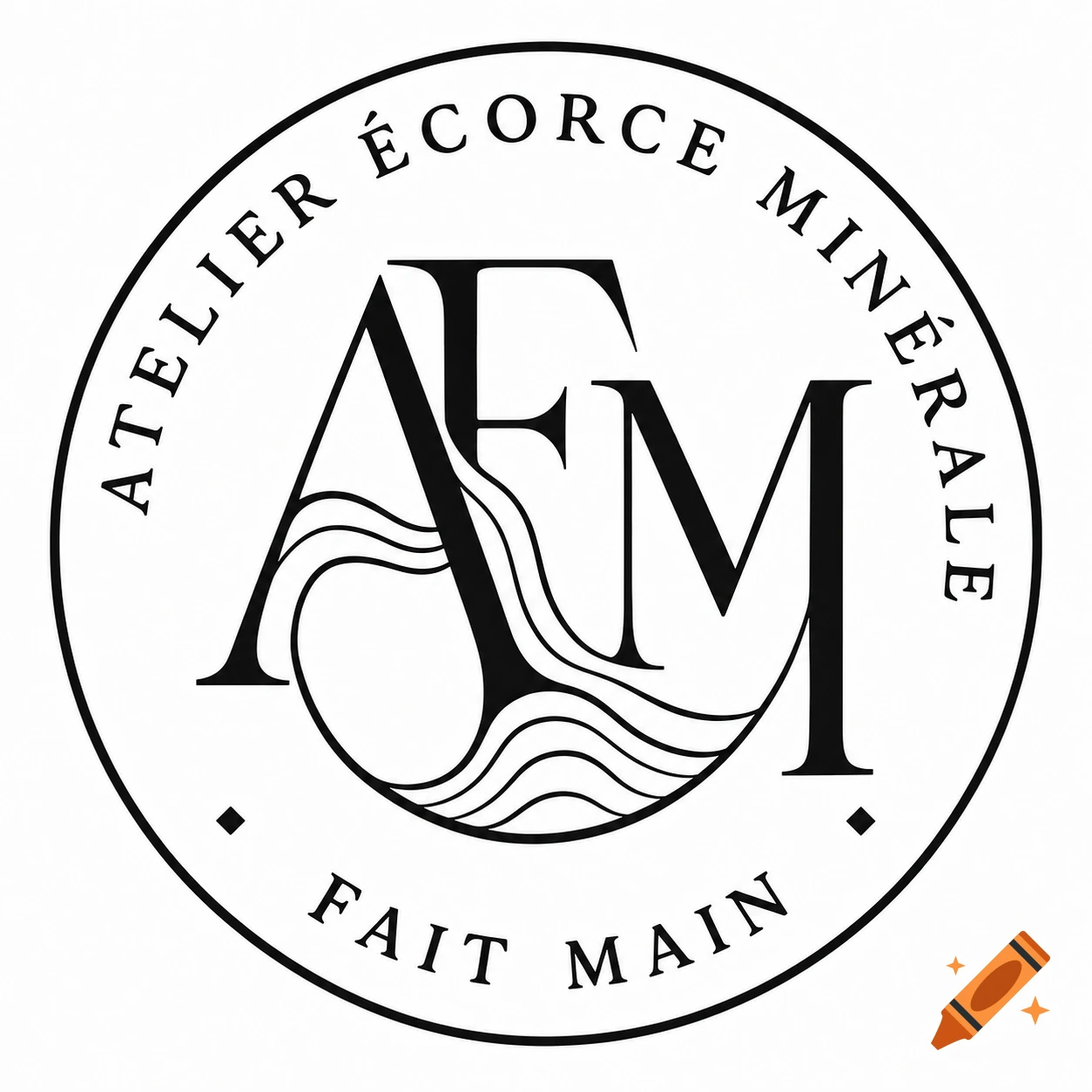 Black and white circular logo with a stylized 'AEM' monogram in the center, encircled by 'ATELIER ÉCORCE MINÉRALE' and 'FAIT MAIN' text.