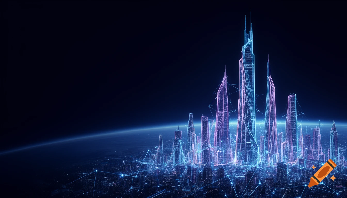 A futuristic cityscape of glowing wireframe skyscrapers in blue and purple, connected by light networks, over a dark earth horizon.