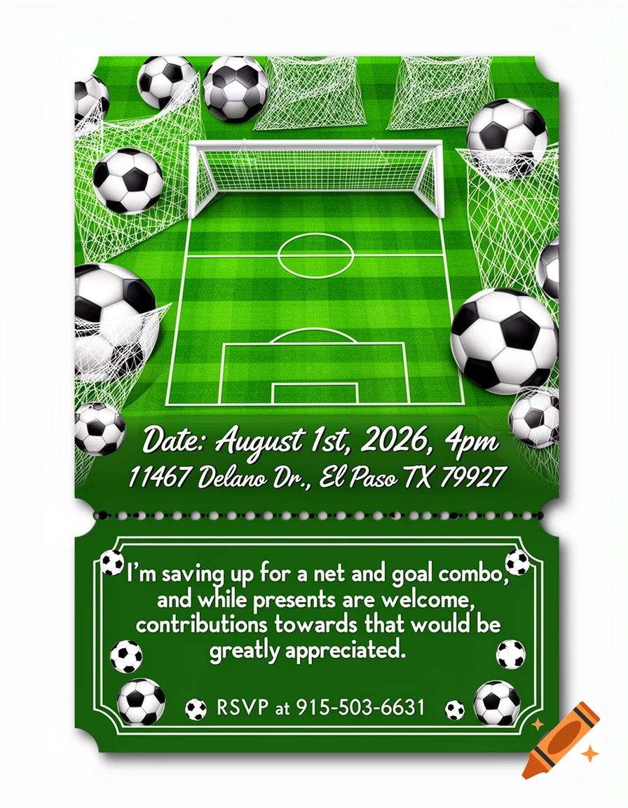 Green soccer-themed birthday party invitation in the style of an entrance ticket, showing a field, goals, and soccer balls.