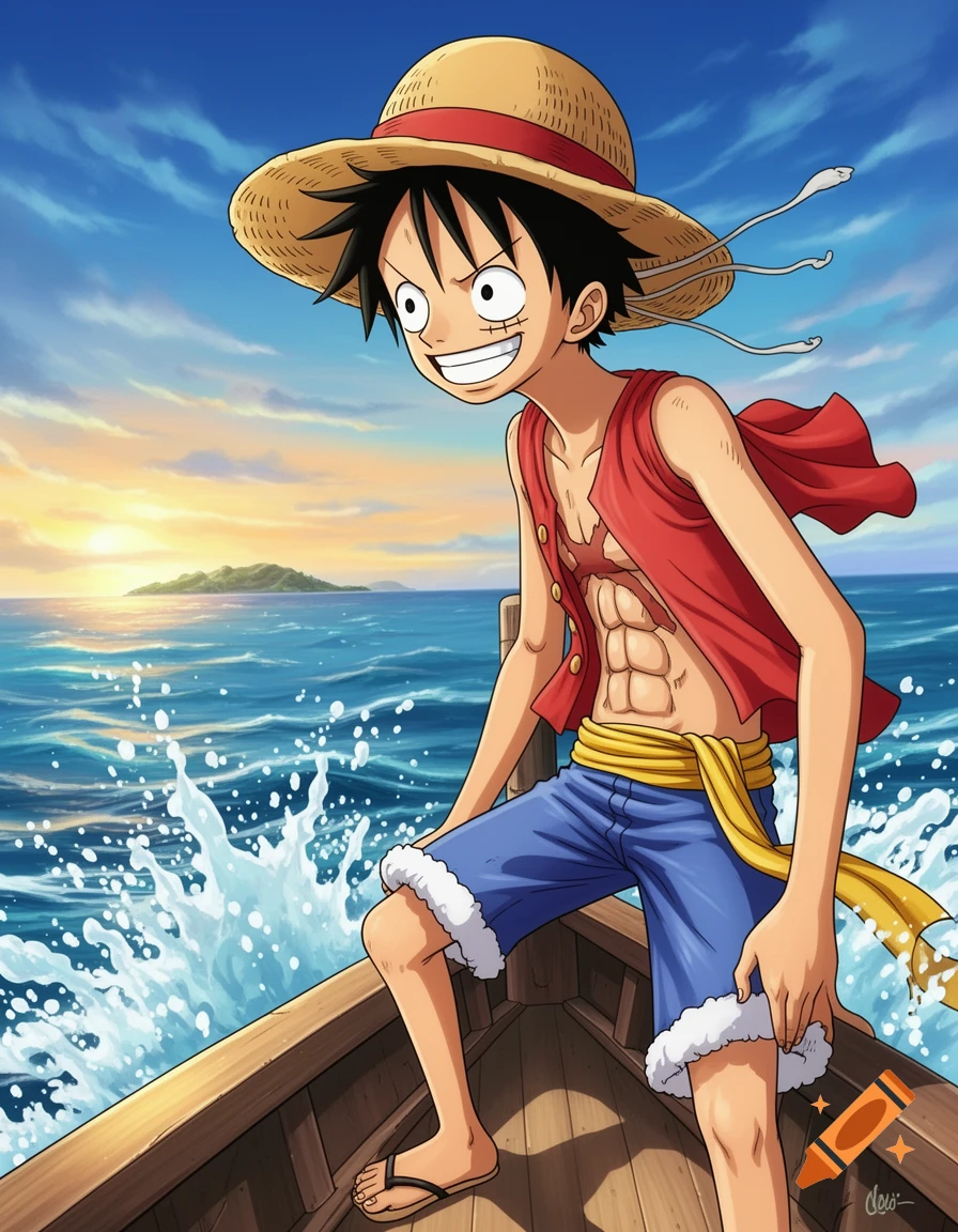 Monkey D. Luffy from One Piece stands on a wooden boat, smiling as it sails across a vibrant blue ocean with a sunny sky and distant island.