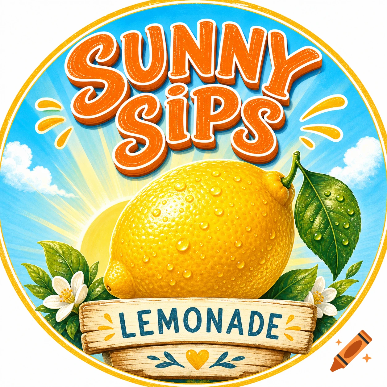 A colorful logo for "Sunny Sips Lemonade" featuring a vibrant yellow lemon with water droplets, green leaves, white blossoms, and a rising sun on a blue sky background within a circular frame.