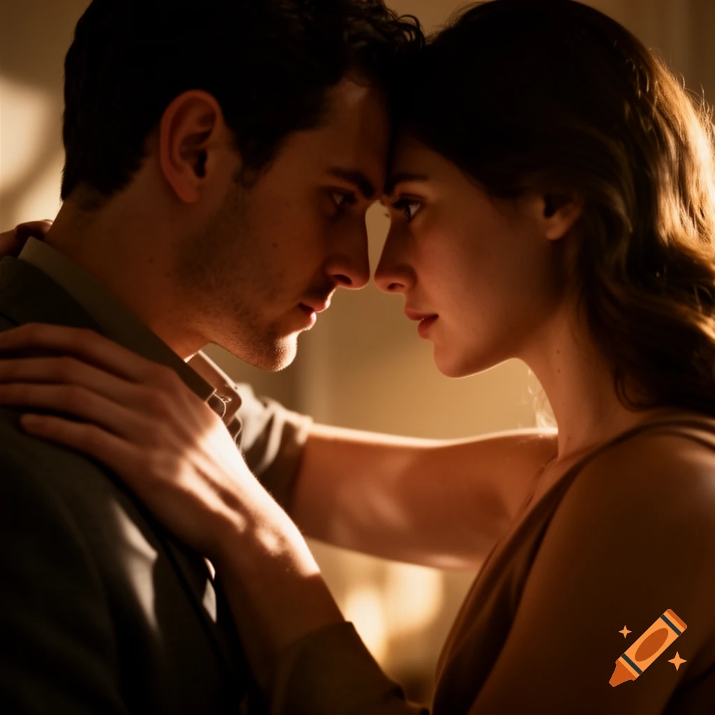 Photorealistic portrait of a man and woman embracing, foreheads touching, in warm lighting.