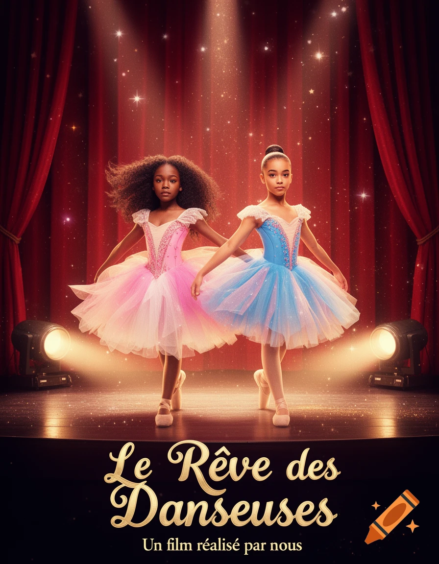 Movie poster for 'Le Rêve des Danseuses' featuring two young ballerinas in pink and blue tutus on a sparkling stage with red curtains.