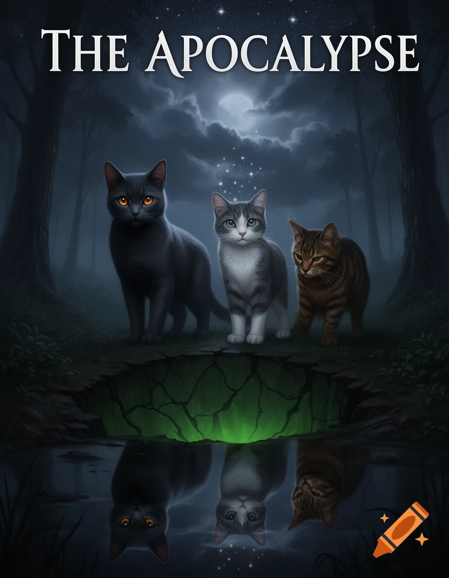 Dark fantasy book cover with three cats in a misty forest at night, a glowing green hole, and their reflections in water. Title: THE APOCALYPSE.