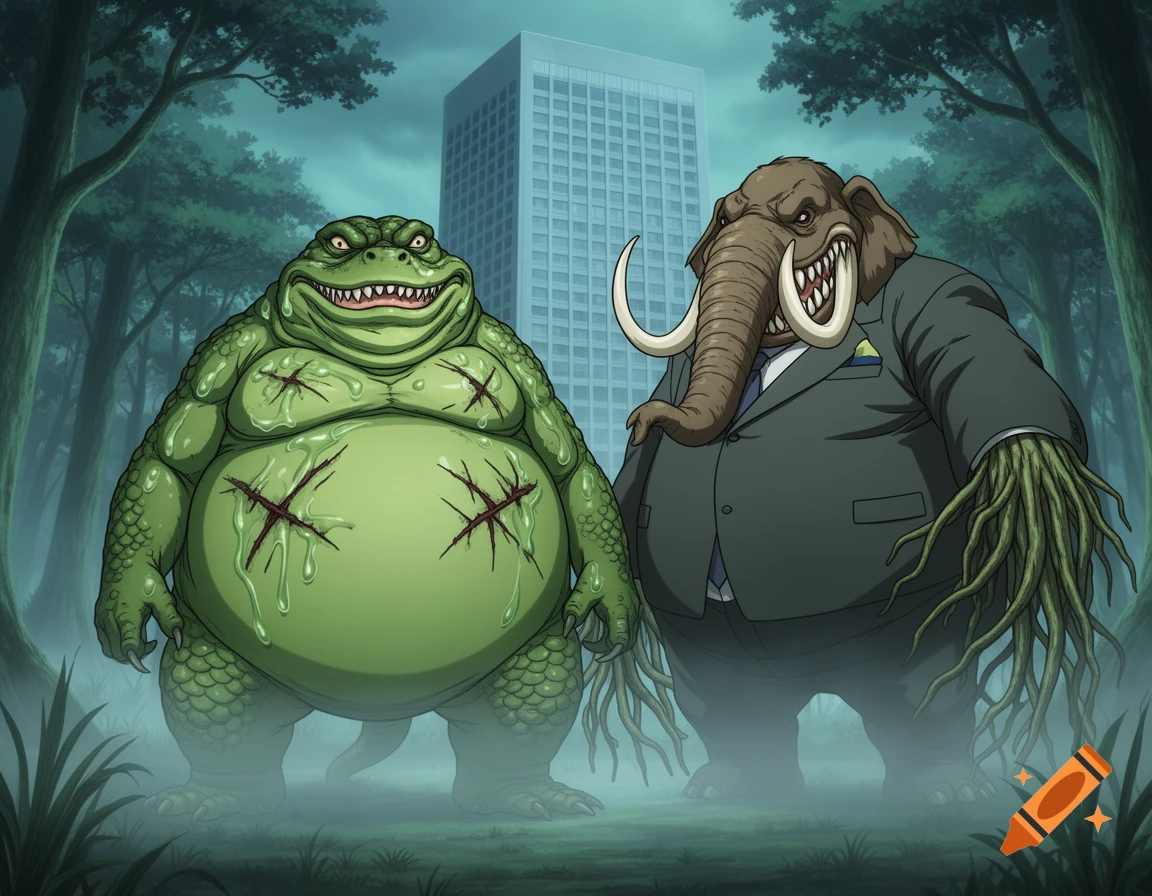 A cartoon of a slimy green lizard monster with scars and a mammoth-man in a suit with root hands, smiling in a swampy forest near an office building.