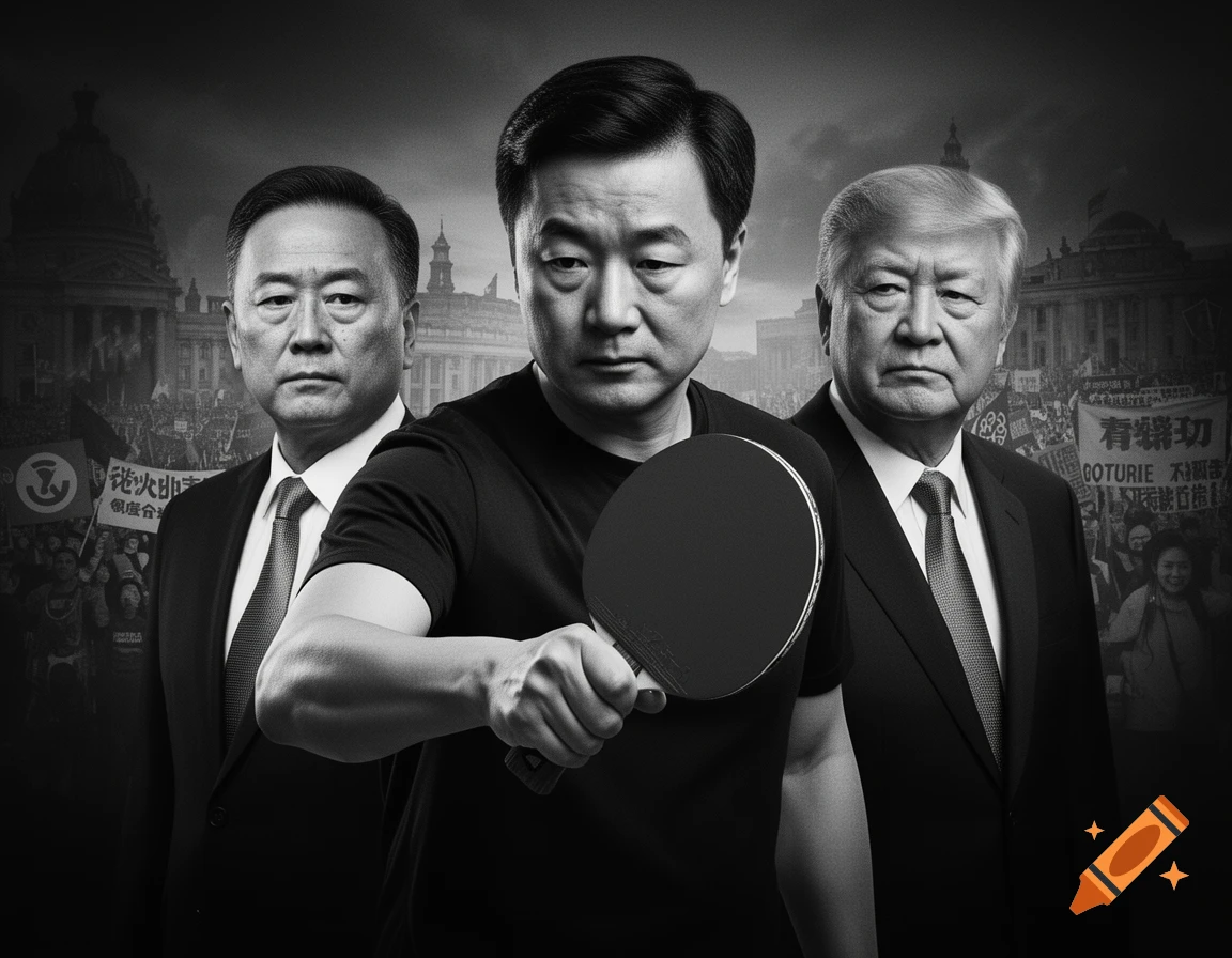 Black and white photorealistic portrait of three men, one holding a ping-pong paddle, with a blurred background of buildings and a protesting crowd.