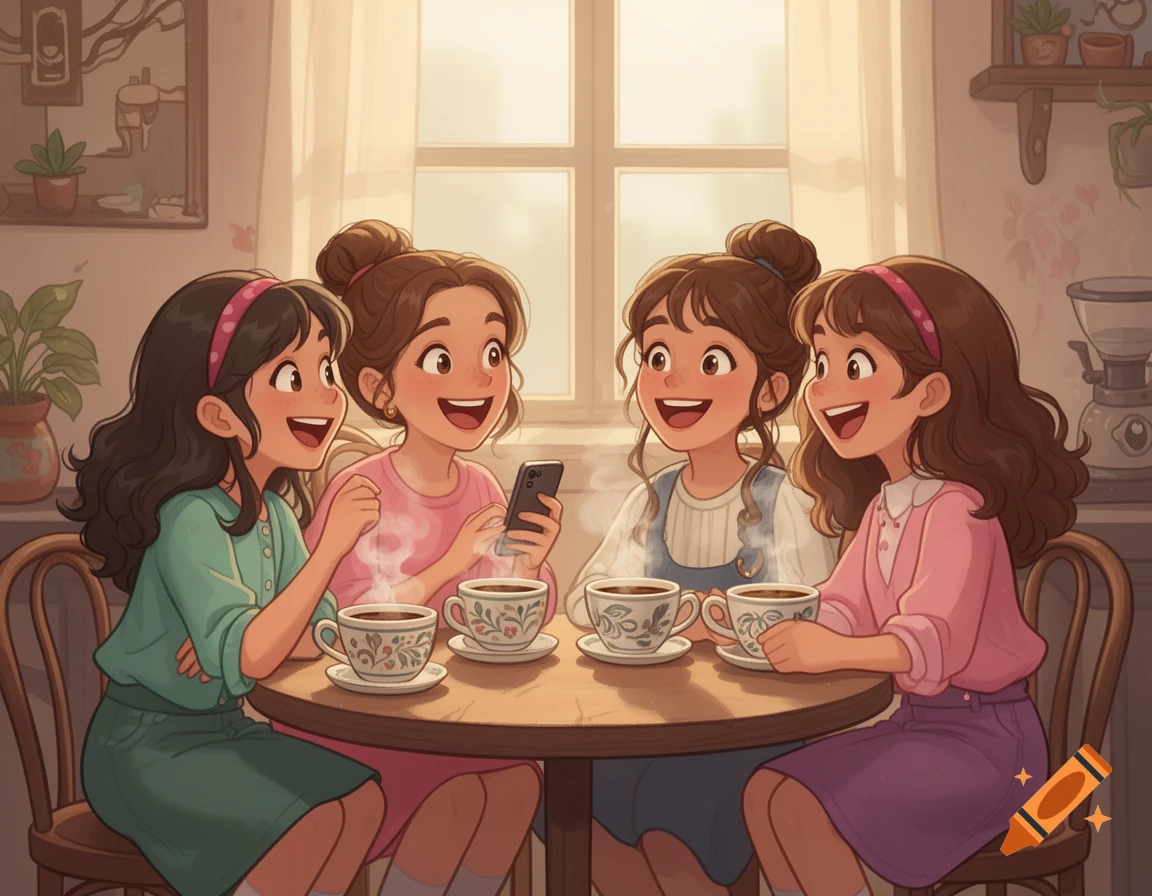 Four smiling cartoon girls in a cozy cafe, one showing her phone, surrounded by coffee cups.