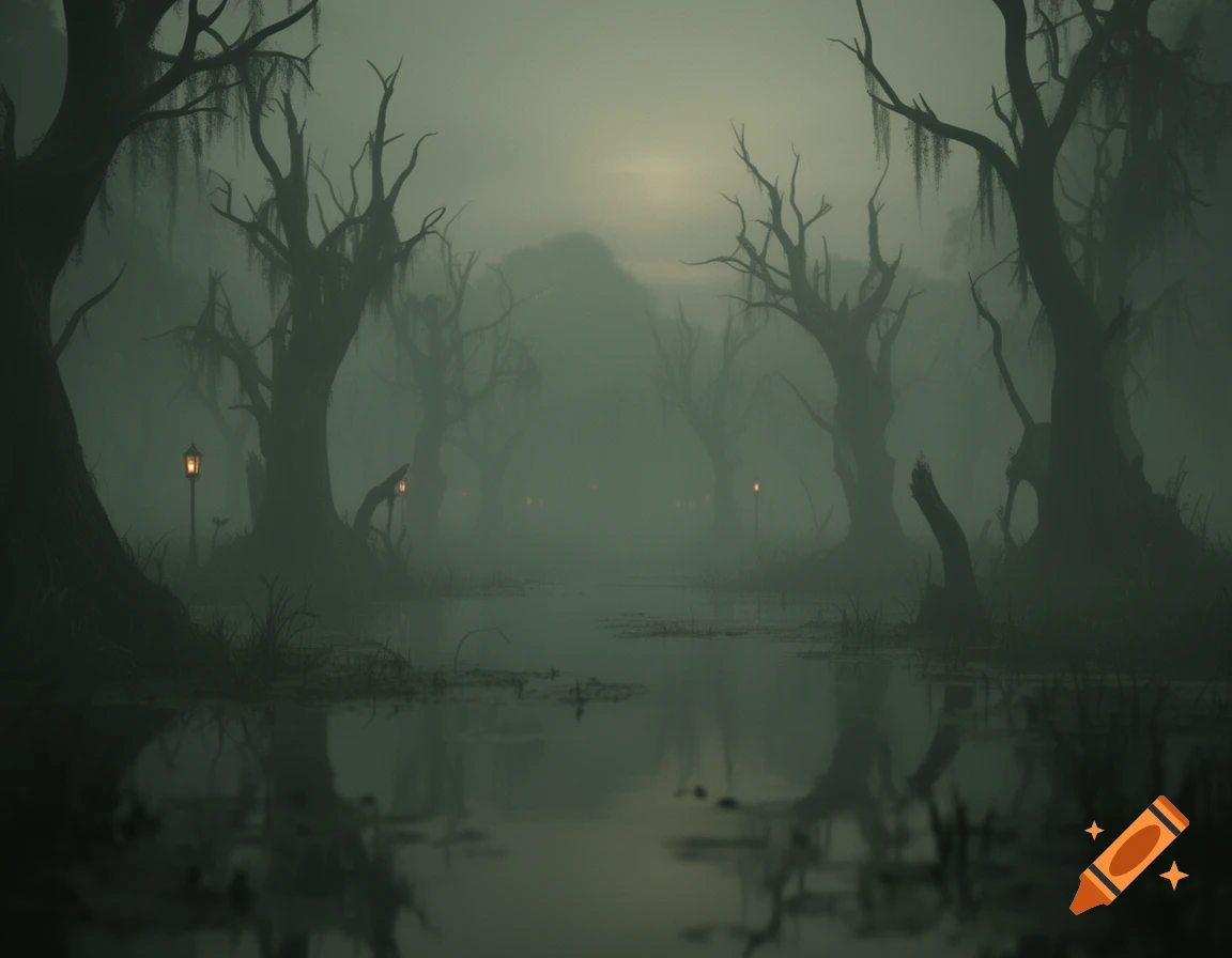 A dark, misty swamp landscape with silhouetted bare trees and faint glowing lanterns reflecting in the still water.