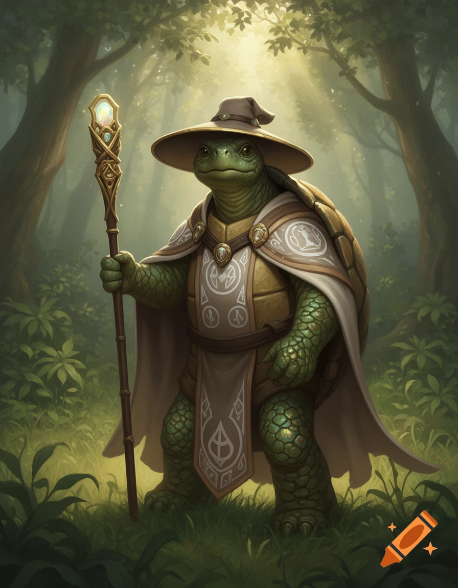 A fantasy art rendering of a tortle cleric in a wide-brimmed hat and ornate cloak, holding a glowing staff in a sun-dappled forest.