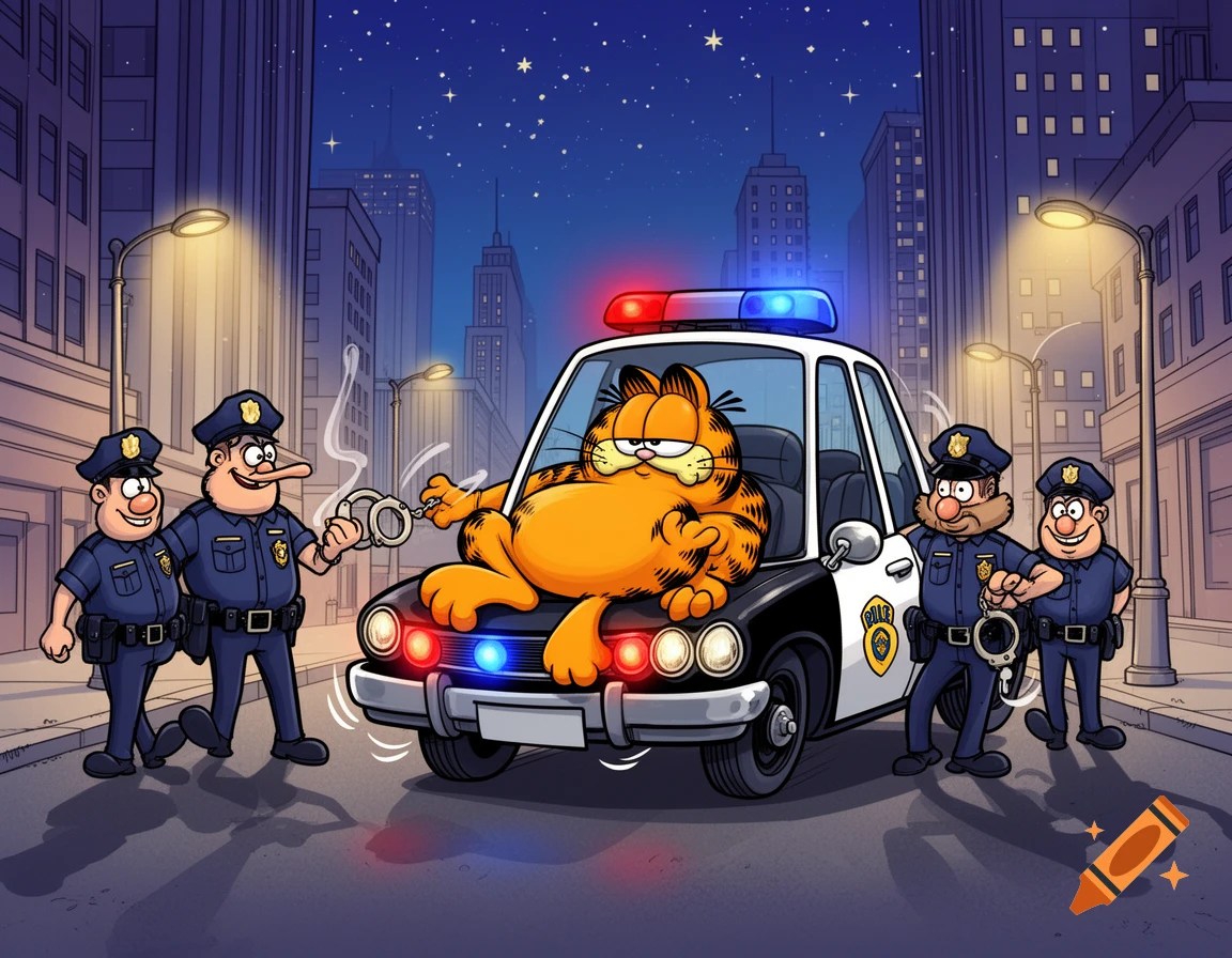 Cartoon Garfield lounging on the hood of a police car as two police officers, one holding handcuffs, stand beside him at night.
