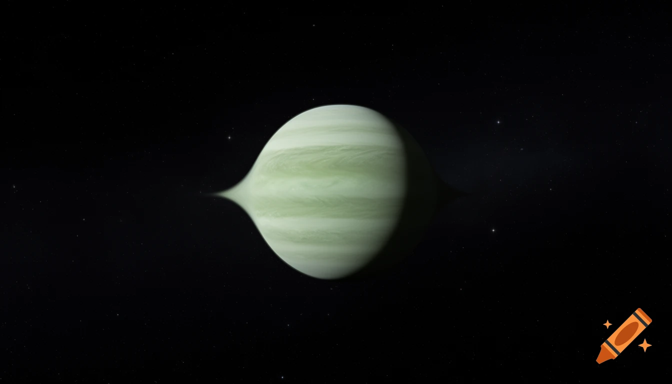 A light green, bomb-shaped planet with subtle cloud bands against a dark starry sky.