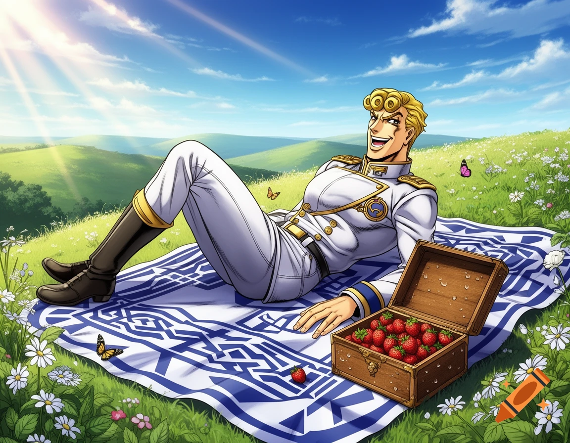 A smiling anime man in a white and gold uniform lies on a blue blanket in a sunny green field, next to a box of strawberries.