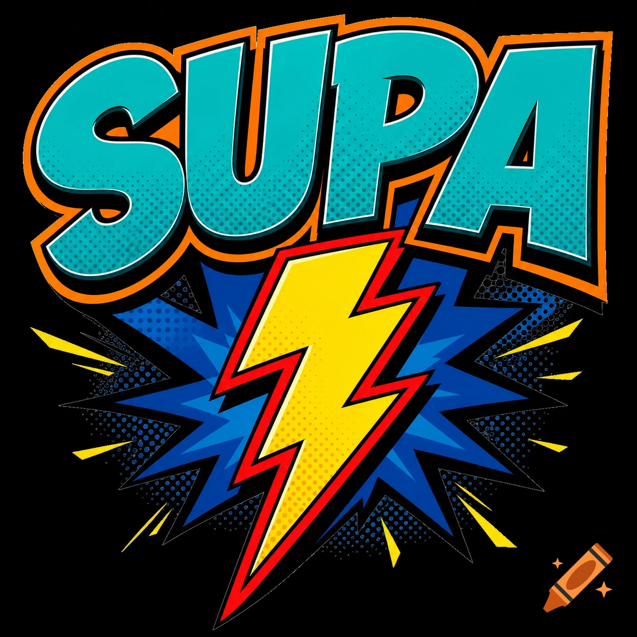 Vibrant comic book style logo with the word SUPA in teal and orange above a yellow lightning bolt against a blue explosion.