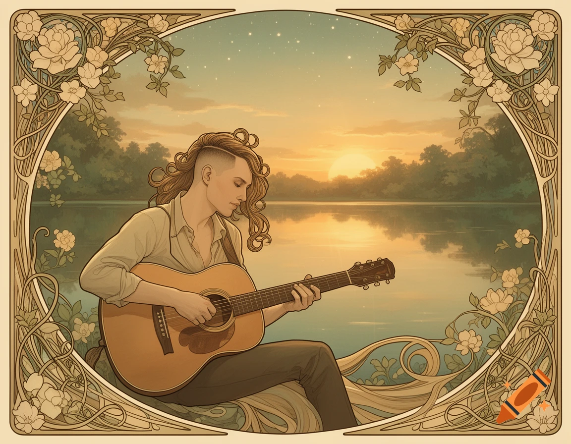 Art Nouveau illustration of a person with flowy mid-fade hair playing an acoustic guitar by a lake at sunset, framed by floral motifs.