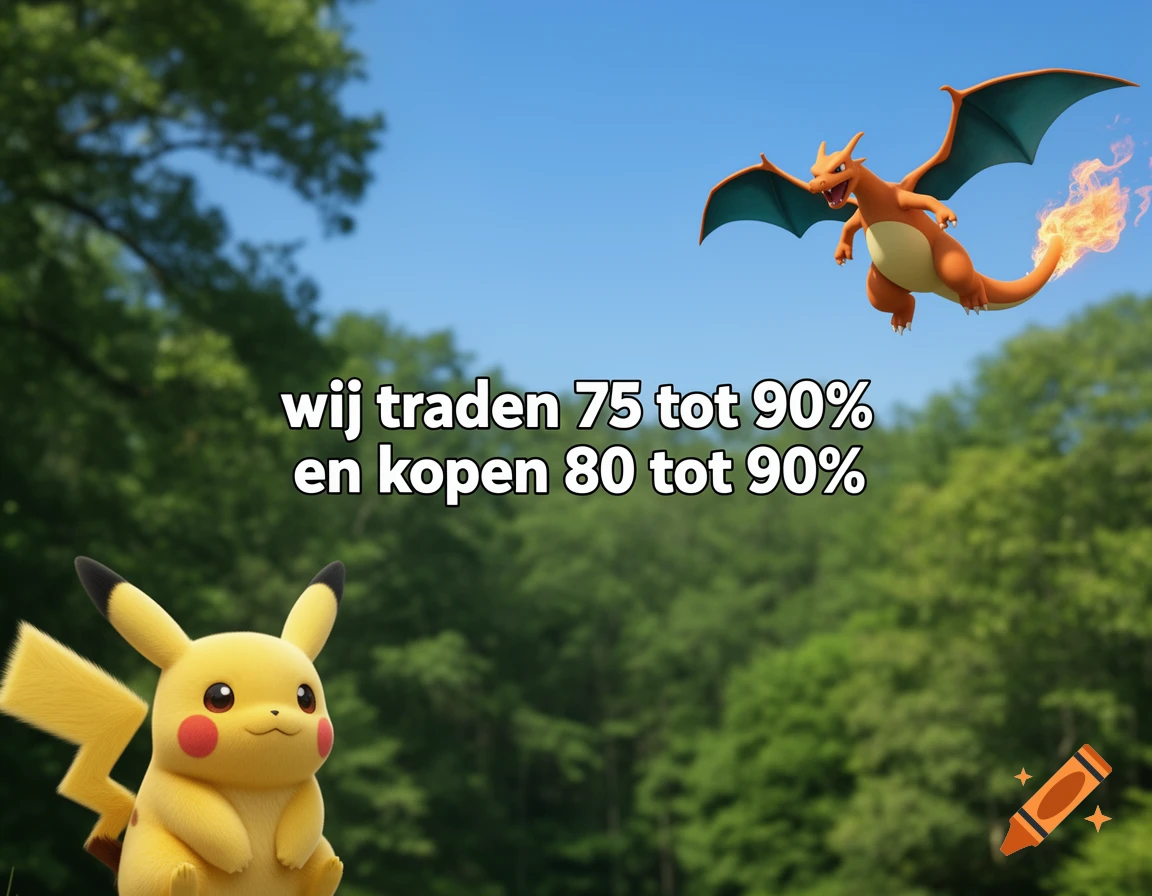 Pikachu sits on the left with Charizard flying above on the right, against a green forest and blue sky. Text reads "wij traden 75 tot 90% en kopen 80 tot 90%" in the center.