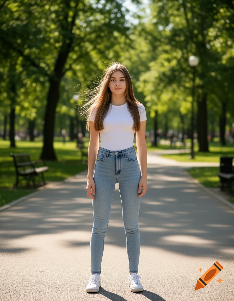 A young woman in a white t-shirt, light blue jeans, and white sneakers stands on a path in a sunny park with green trees.