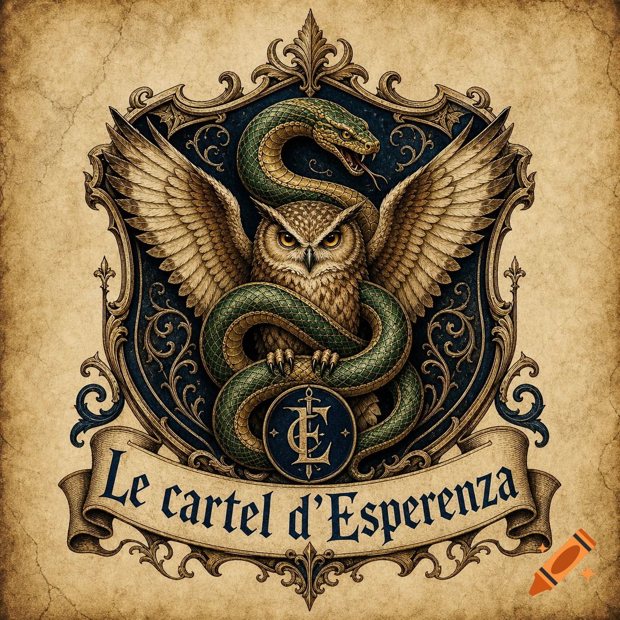 Detailed heraldic crest with an owl, a green snake, and a banner reading 'Le cartel d'Esperenza'.