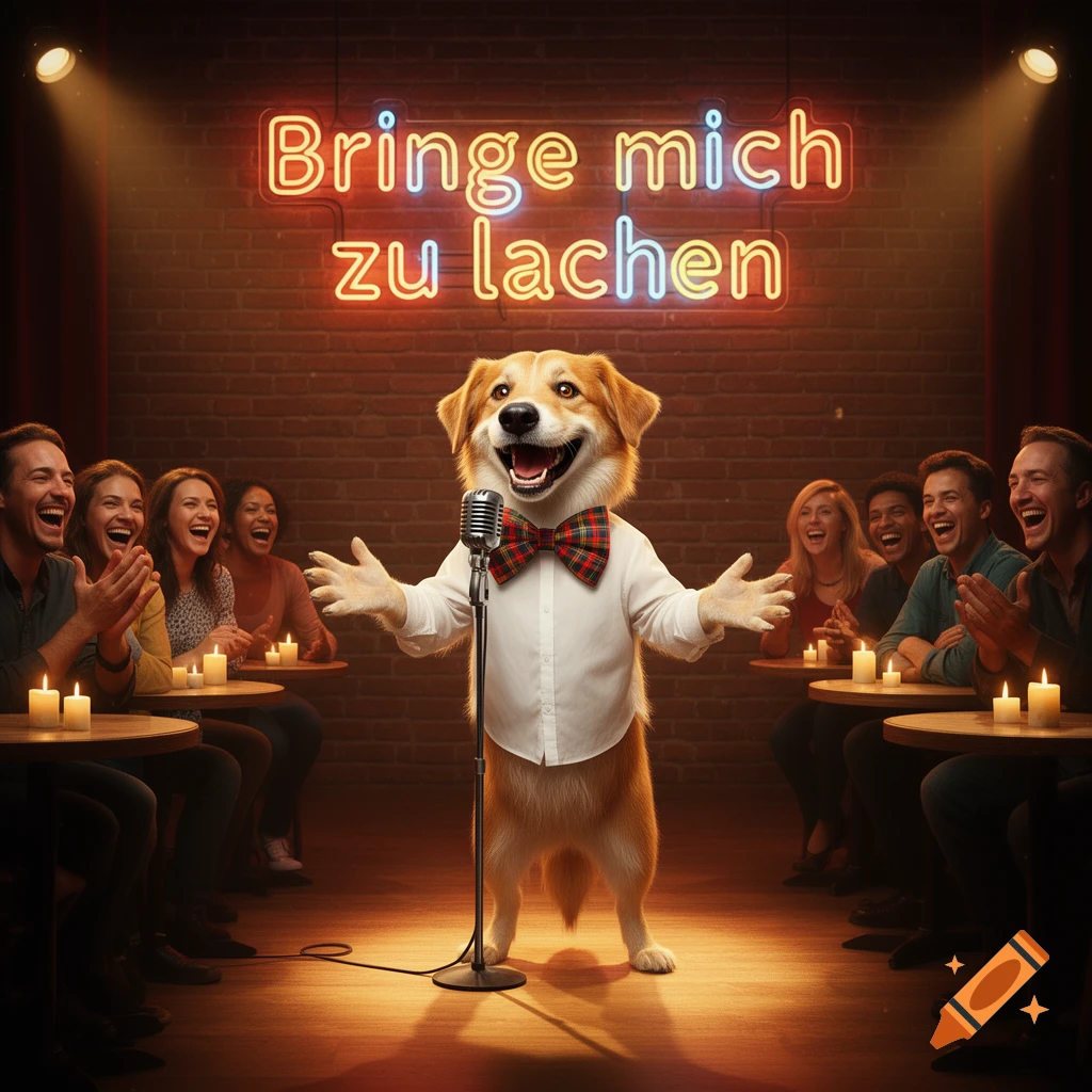A happy dog in a shirt and bow tie performs stand-up comedy on a stage with a neon sign, making a diverse audience laugh.