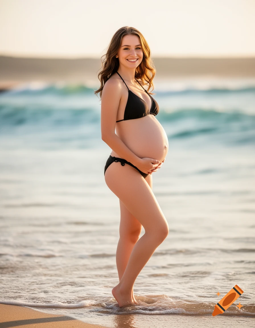 Smiling pregnant woman in a black bikini standing in the shallow ocean water on a beach, photorealistic.