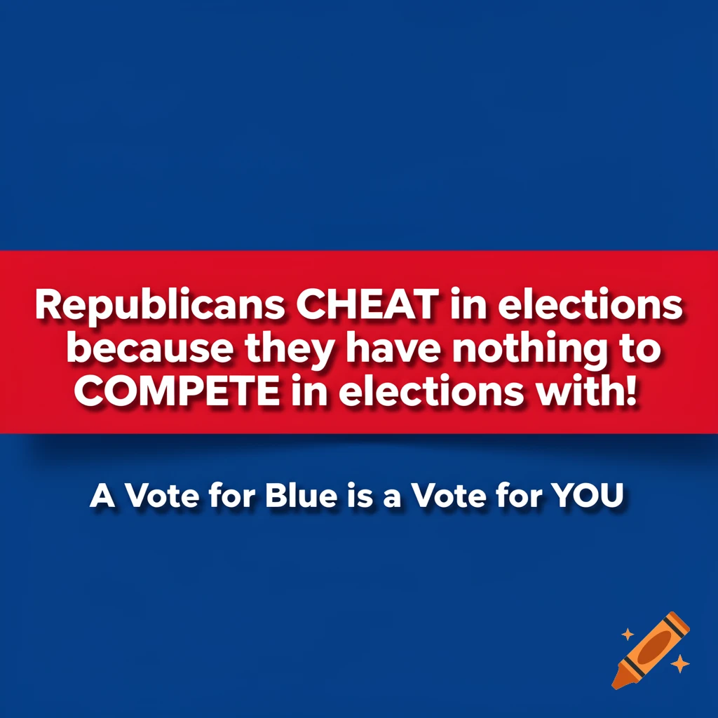 A political graphic on a blue background with a red stripe. Text reads: "Republicans CHEAT in elections..."