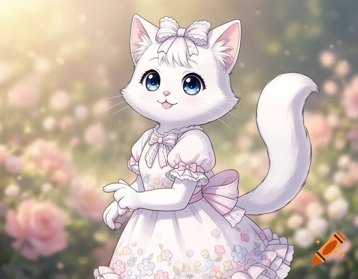 Cute anthropomorphic white cat in a pink dress with flowers, in an anime style, against a soft floral background.