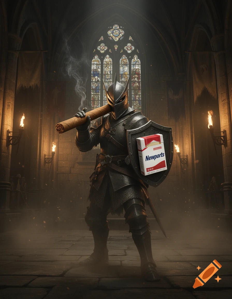A knight in full dark armor stands in a gothic cathedral, smoking a large cigar and holding a shield with a "Newports" cigarette pack label.
