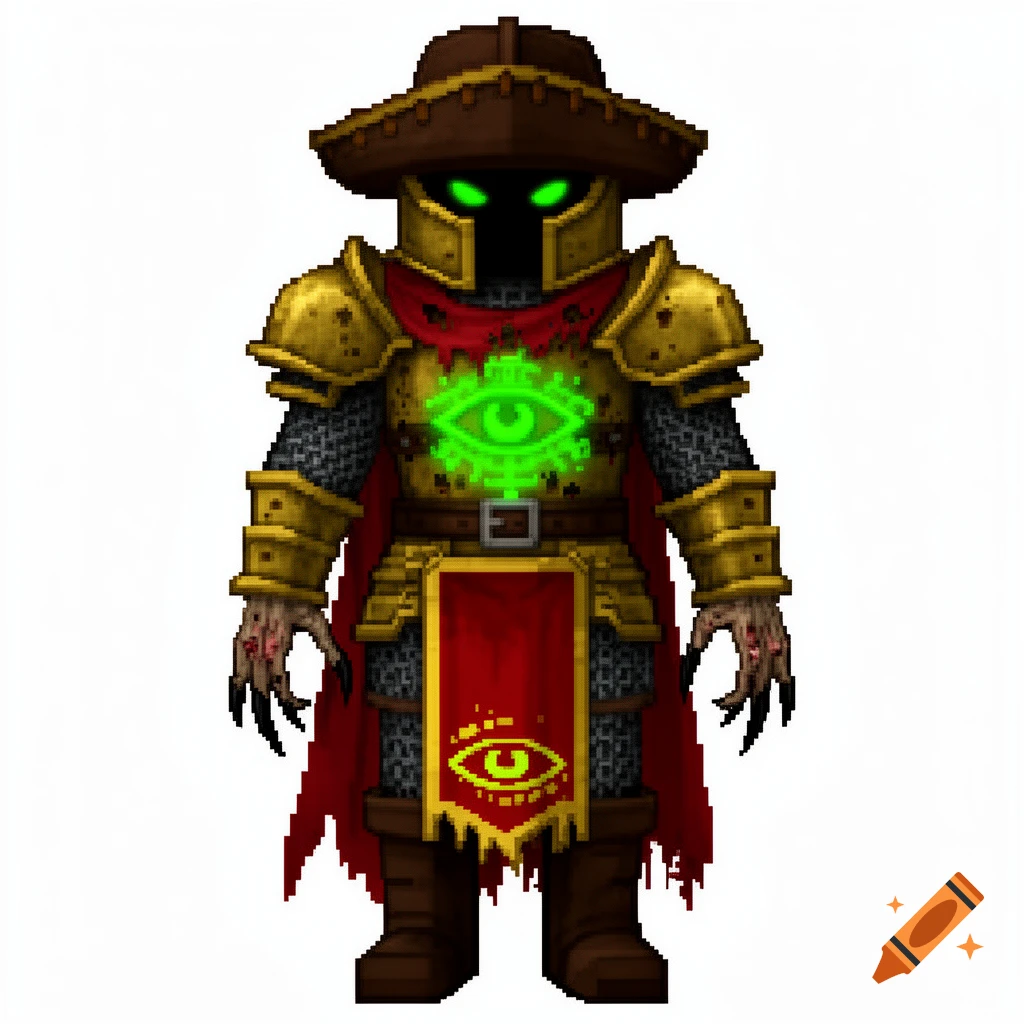 A pixel art Minecraft skin of a cursed conquistador in tarnished gold armor, a red cape, glowing green eyes, and withered clawed hands. A glowing green eye symbol is on the chest and cape.