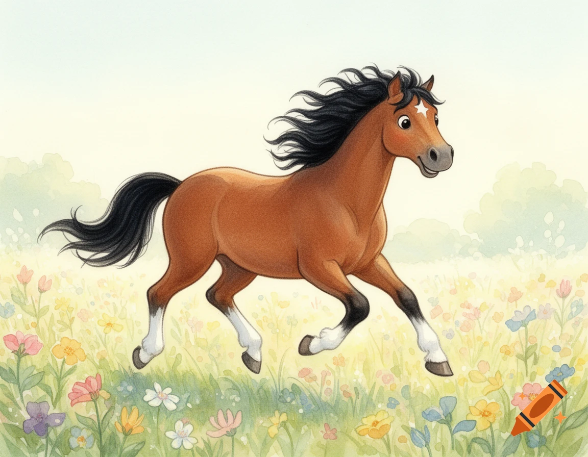 A friendly brown mare with a black mane gallops joyfully through a sunny, blooming watercolor field.