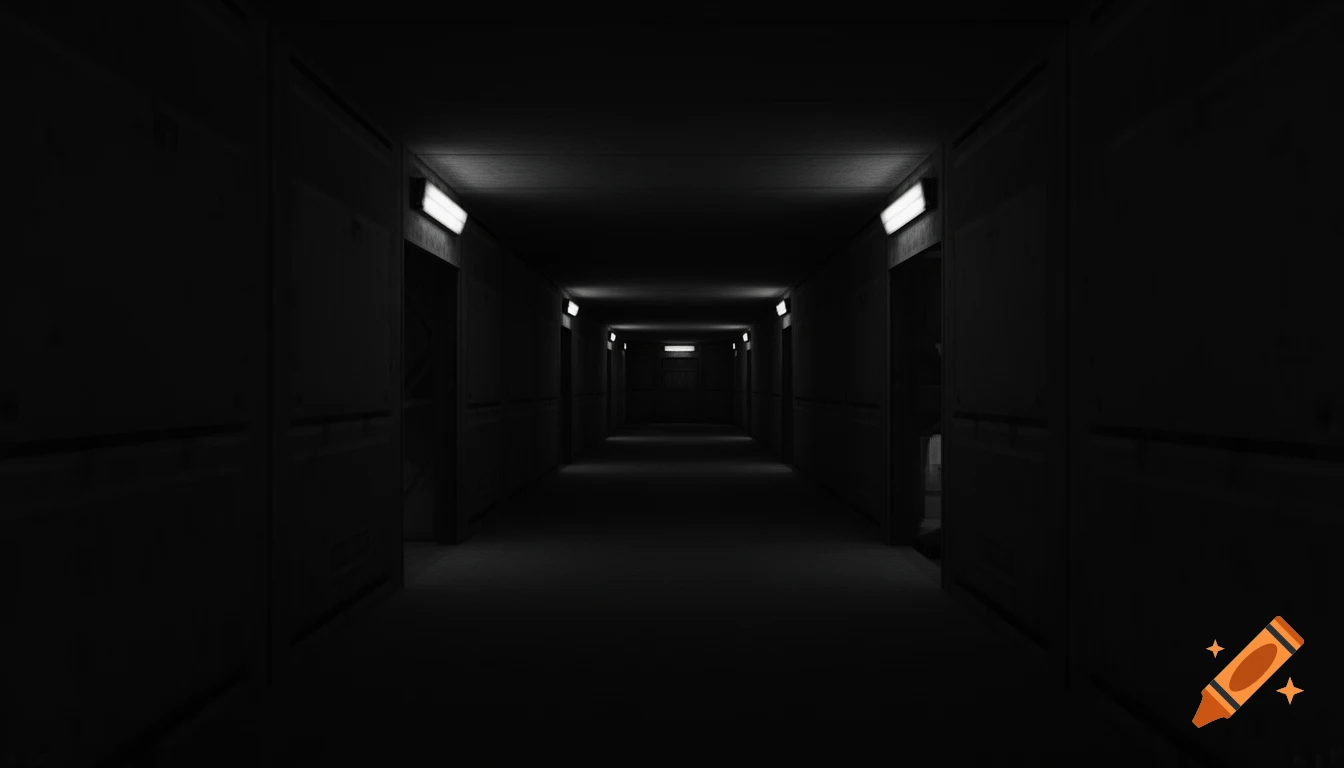 A long, dark, empty corridor lit by fluorescent lights, receding into the distance.