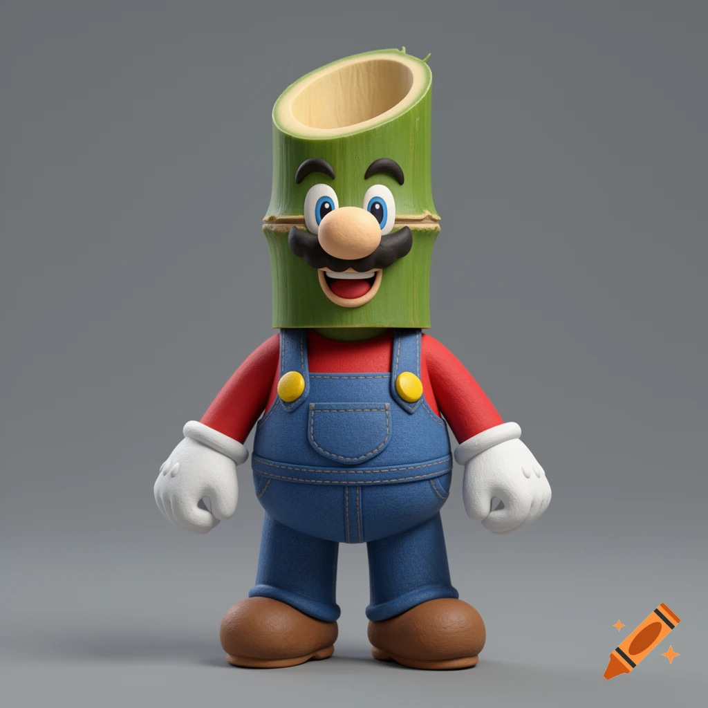 A 3D cartoon character with a green bamboo stalk for a head, wearing Super Mario's blue overalls and red shirt, on a gray background.