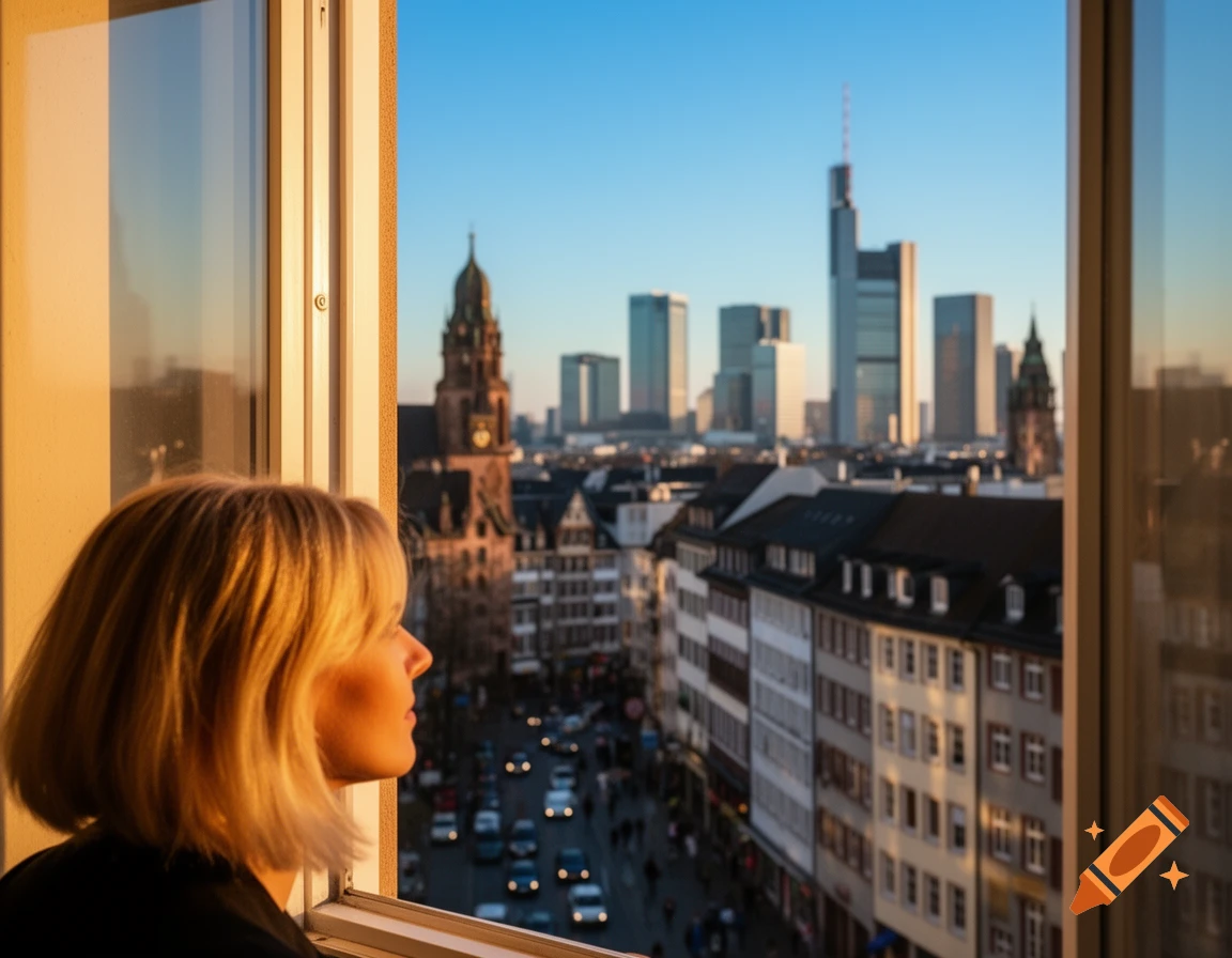 A person with short blonde hair gazes out a window at a city skyline, featuring modern and historic buildings during golden hour.