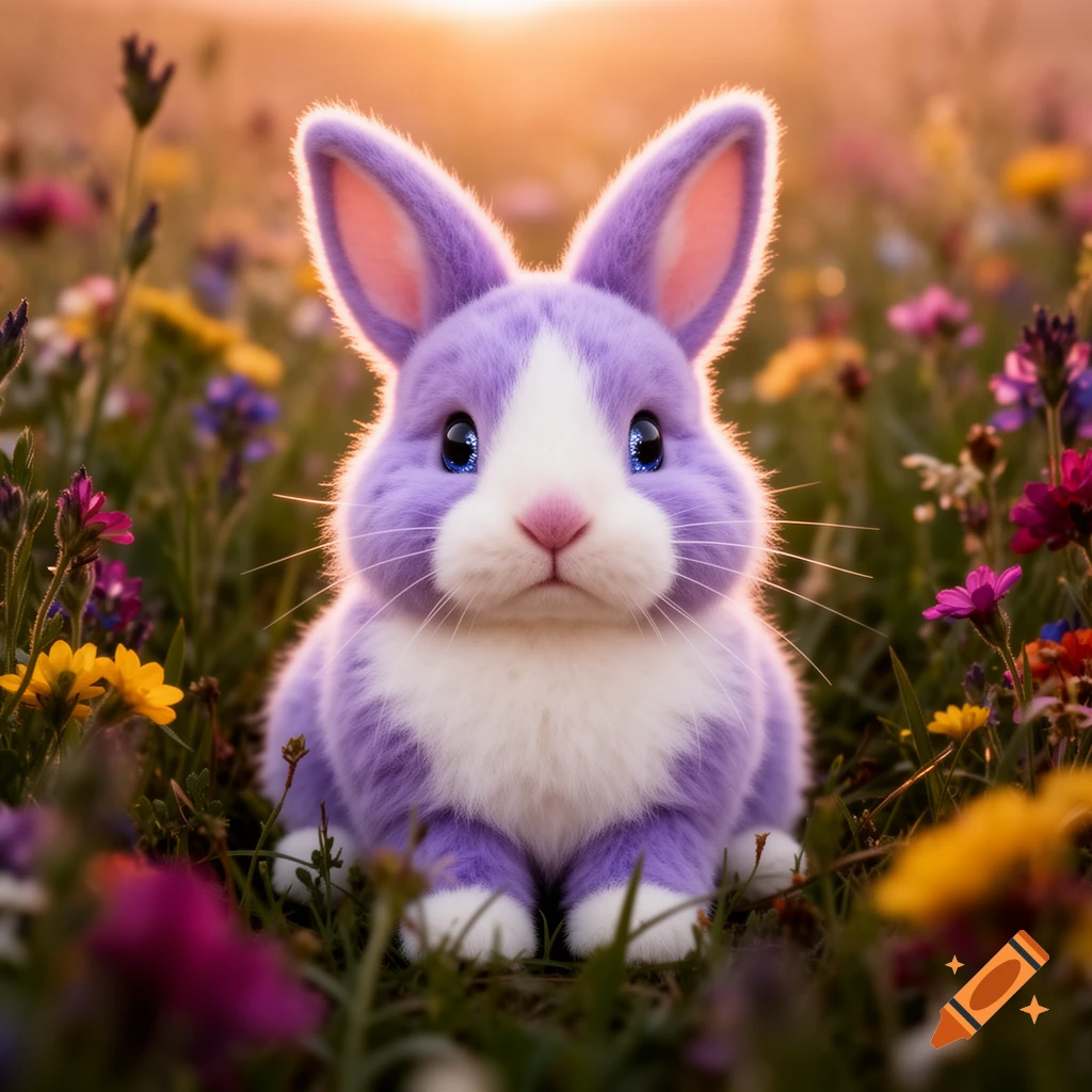 A fluffy purple and white bunny sits in a field of colorful wildflowers with a soft sunset glow.