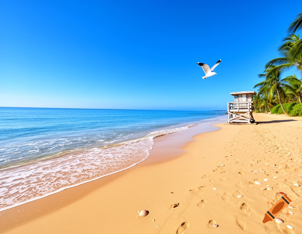 Sunny tropical beach with blue ocean, lifeguard tower, palm trees, and a seagull flying in a clear sky.
