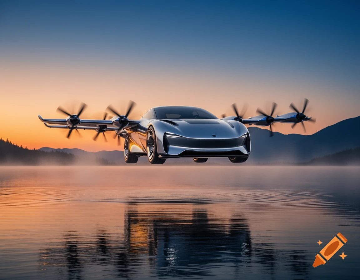 A futuristic silver flying car with propellers hovers over calm water at sunset, with mountains and mist in the background.