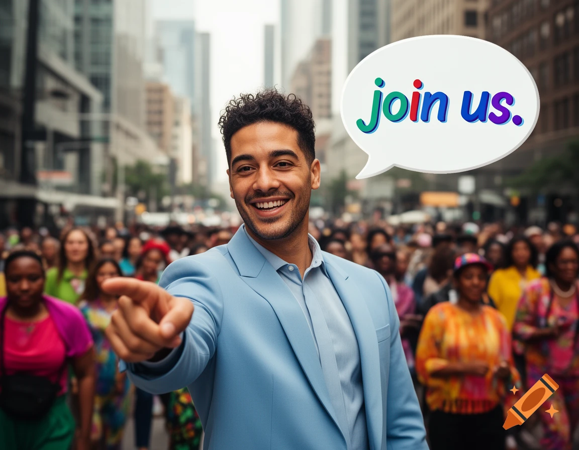 A smiling man in a blue suit points forward in a crowded city street, with a speech bubble saying "join us."