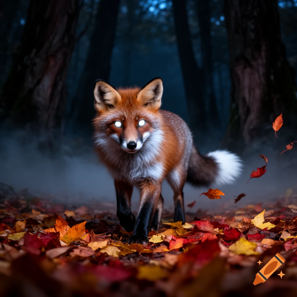 A photorealistic fox with glowing white eyes walks through a forest covered in colorful autumn leaves and mist.